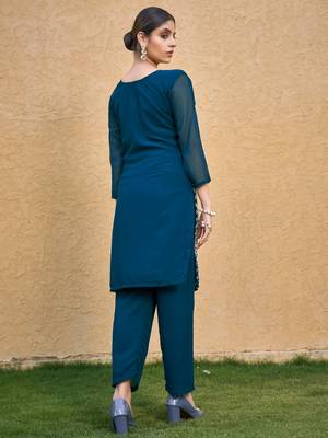Teal blue color thread embroidery georgette kurti 2