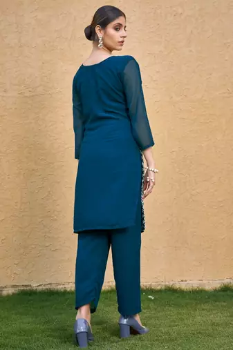 Teal blue color thread embroidery georgette kurti