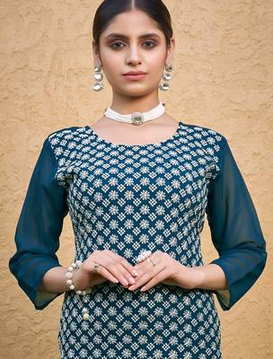Teal blue color thread embroidery georgette kurti 3