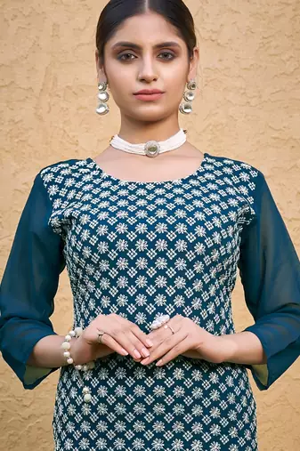 Teal blue color thread embroidery georgette kurti