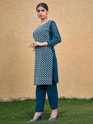 Teal blue color thread embroidery georgette kurti 4