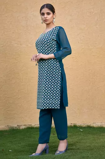Teal blue color thread embroidery georgette kurti