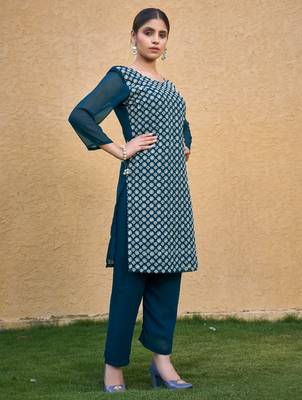 Teal blue color thread embroidery georgette kurti 5