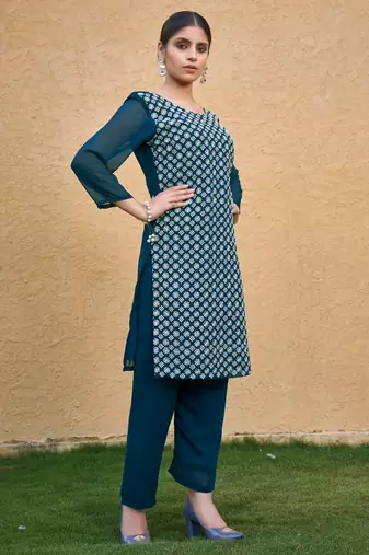 Teal blue color thread embroidery georgette kurti