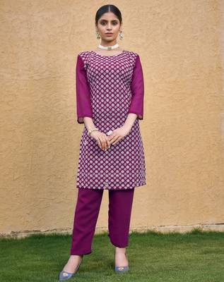 Purple color thread embroidery georgette kurti 1