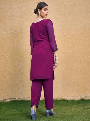 Purple color thread embroidery georgette kurti 2