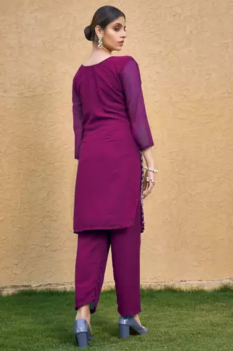 Purple color thread embroidery georgette kurti