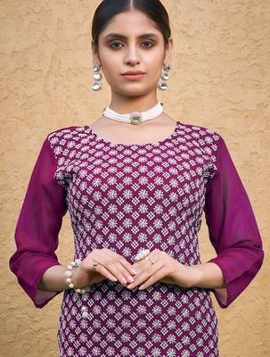 Purple color thread embroidery georgette kurti 3