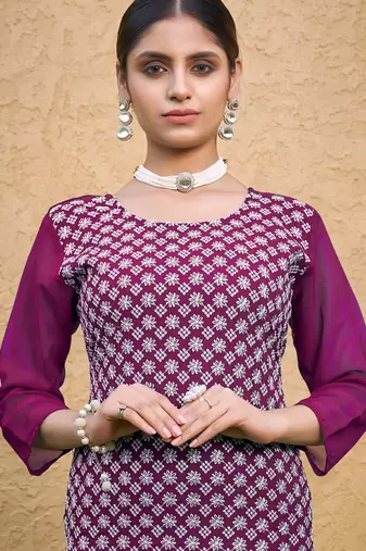 Purple color thread embroidery georgette kurti
