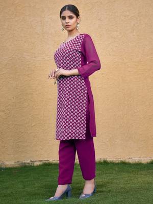 Purple color thread embroidery georgette kurti 4