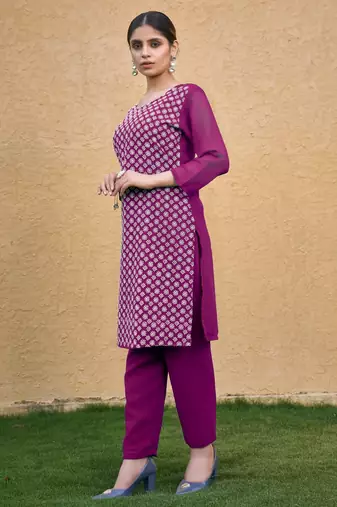 Purple color thread embroidery georgette kurti