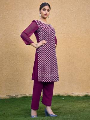 Purple color thread embroidery georgette kurti 5