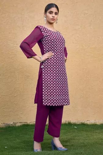 Purple color thread embroidery georgette kurti