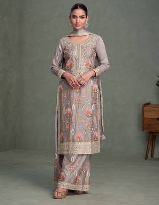 Grey color chinon heavy embroidery fress size stitched palazzo suit 1