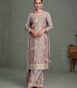 Grey color chinon fabric heavy embroidery work fress size stitched palazzo suit