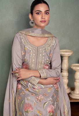 Grey color chinon heavy embroidery fress size stitched palazzo suit 2