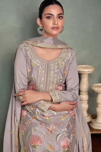 Grey color chinon heavy embroidery fress size stitched palazzo suit
