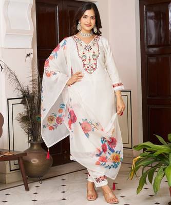Off white color beautiful ceremonial chanderi silk embroidered festive suit 1
