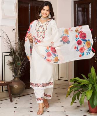 Off white color beautiful ceremonial chanderi silk embroidered festive suit 4