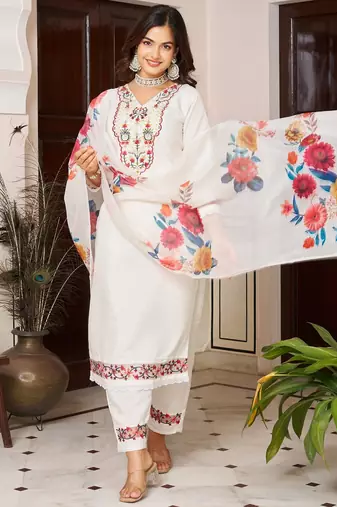 Off white color beautiful ceremonial chanderi silk embroidered festive suit