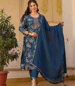 Teal color beautiful ceremonial chinon fabric embroidered festive suit