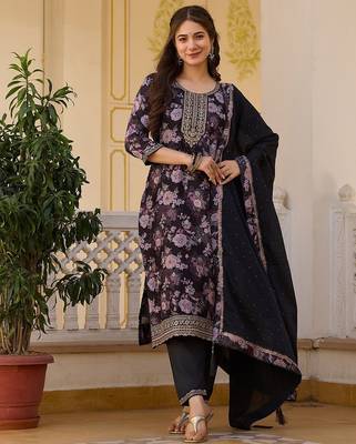 Black color beautiful ceremonial chinon embroidered festive suit 1
