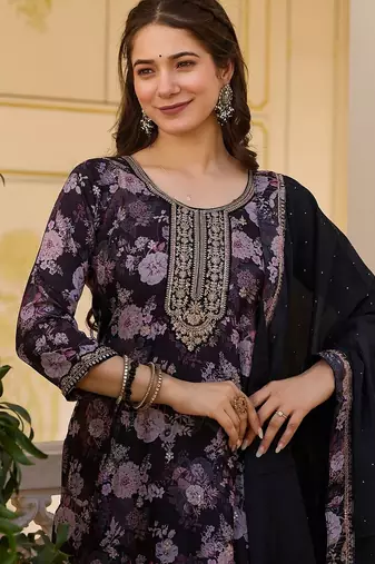 Black color beautiful ceremonial chinon embroidered festive suit