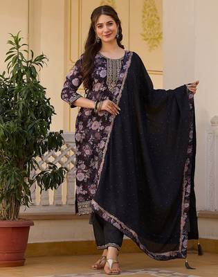 Black color beautiful ceremonial chinon embroidered festive suit 4