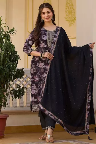 Black color beautiful ceremonial chinon embroidered festive suit