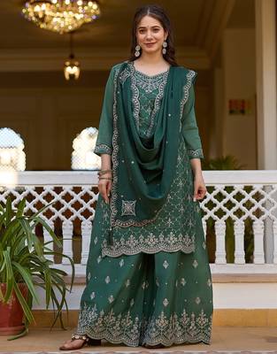 Green color beautiful ceremonial chinon embroidered festive suit 1