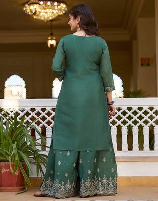 Green color beautiful ceremonial chinon embroidered festive suit 2
