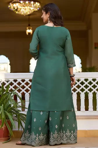 Green color beautiful ceremonial chinon embroidered festive suit