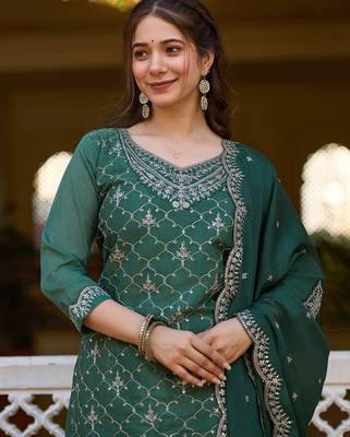 Green color beautiful ceremonial chinon embroidered festive suit 3