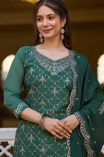 Green color beautiful ceremonial chinon embroidered festive suit