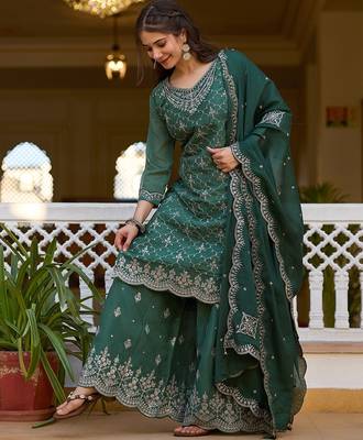 Green color beautiful ceremonial chinon embroidered festive suit 4