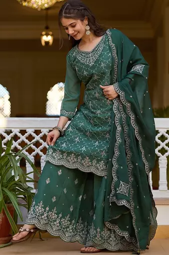 Green color beautiful ceremonial chinon embroidered festive suit