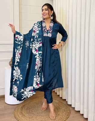 Blue color beautiful ceremonial chinon fabric embroidered festive suit 1