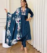 Blue color beautiful ceremonial chinon fabric embroidered festive suit