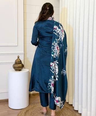 Blue color beautiful ceremonial chinon fabric embroidered festive suit 2