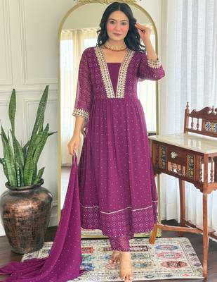 Purple color beautiful ceremonial georgette fabric embroidered festive suit 1