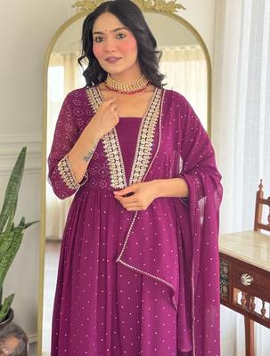 Purple color beautiful ceremonial georgette fabric embroidered festive suit 3