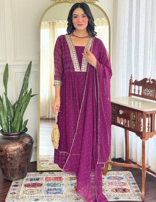 Purple color beautiful ceremonial georgette fabric embroidered festive suit 4