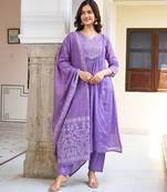 Lavender color beautiful ceremonial cotton fabric embroidered festive suit