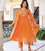 Orange color beautiful ceremonial cotton fabric embroidered festive suit