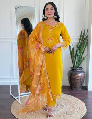 Yellow color beautiful ceremonial roman silk fabric embroidered festive suit 1