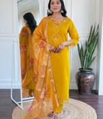 Yellow color beautiful ceremonial roman silk fabric embroidered festive suit