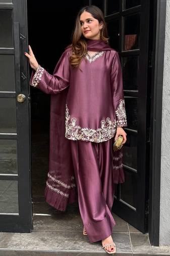 Brown embroidered Silk Top with Salwar and Dupatta