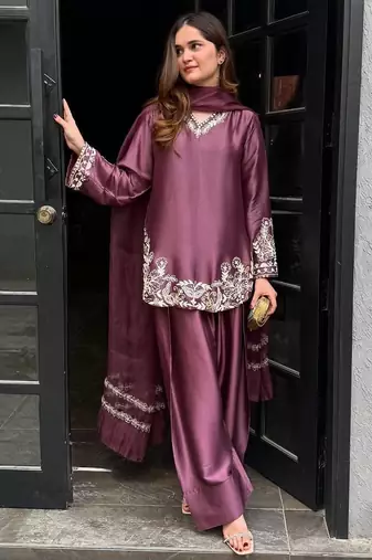 Brown embroidered Silk Top with Salwar and Dupatta