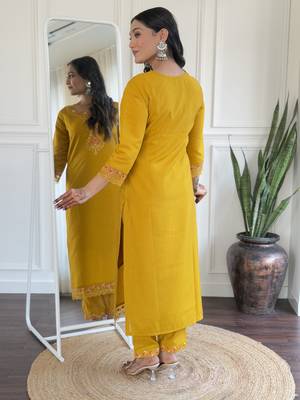 Yellow color beautiful ceremonial roman silk fabric embroidered festive suit 2