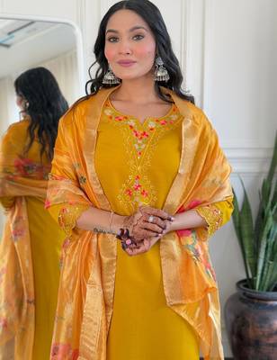 Yellow color beautiful ceremonial roman silk fabric embroidered festive suit 3